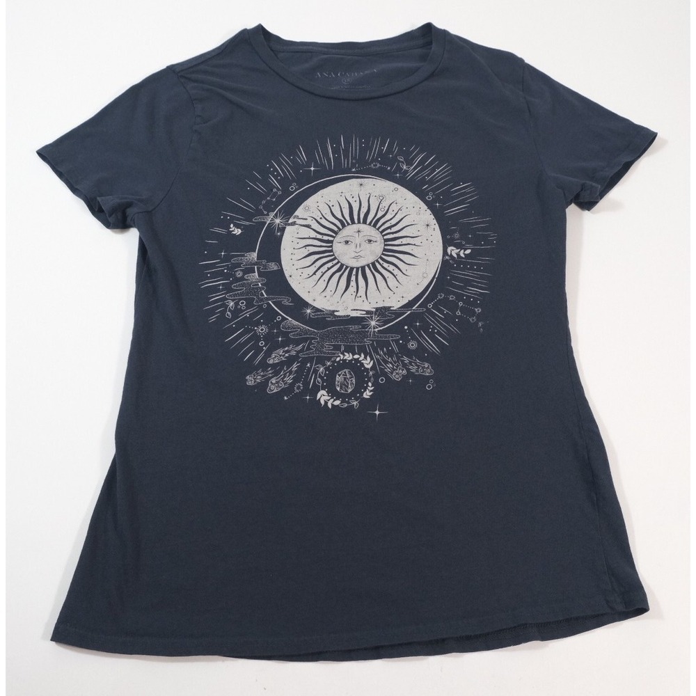 Ana Cabana Graphic Tee Womens Small Navy Sun Moon Celestial Short Sleeve Shirt